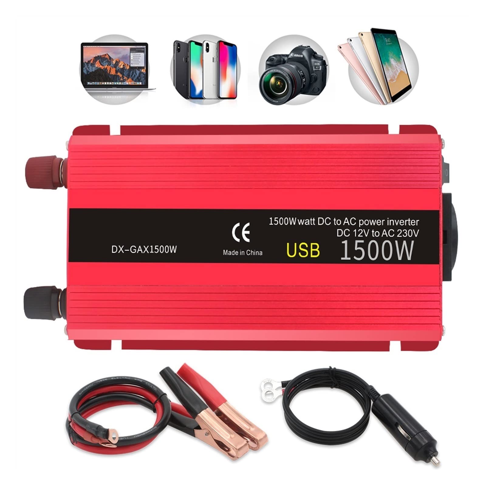 Inversor de Coche 1500W Potencia DC 12V a AC 110/220 Convertidor de Adaptador de Carga USB Dual Onda sinusoidal modificada Solar