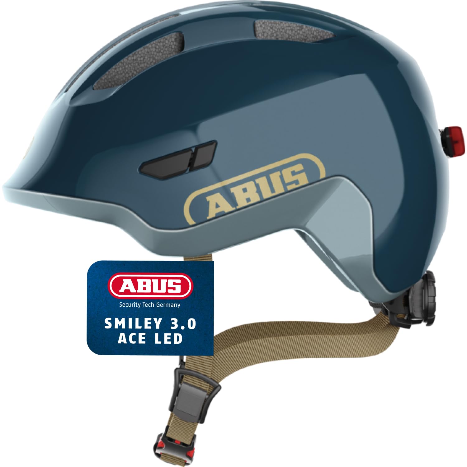 ABUS Kinderhelm Smiley 3.0 ACE LED - Fahrradhelm mit Licht - tiefe Passform & Platz für einen Zopf - für Mädchen und Jungs - Blau Glänzend, Größe M