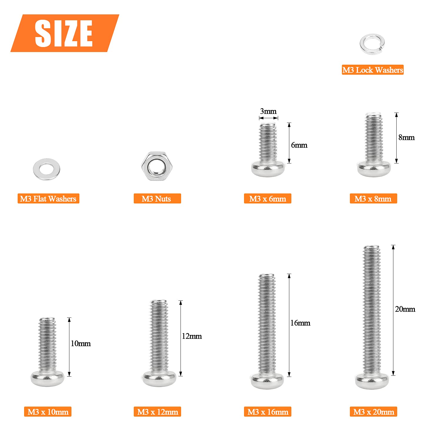 HELIFOUNER 500 Pieces M3 x 6mm /8mm /10mm /12mm /16mm /20mm, Phillips Pan Head Machine Screws, Metric Screws Bolts Washers Nuts Kit, 304 Stainless Steel