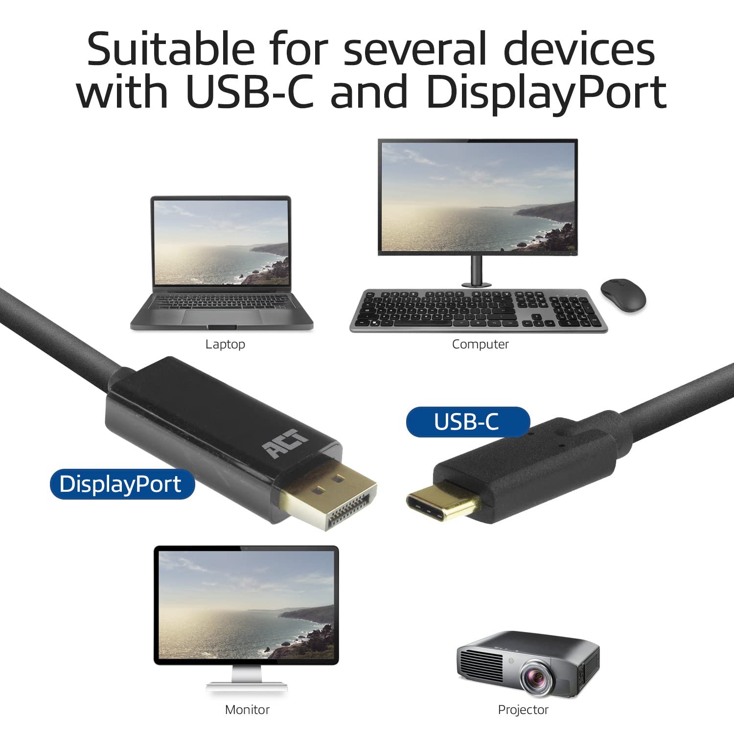 ACT Cavo USB C a DisplayPort, 4K a 60Hz, convertitore USB C a DP, maschio a maschio placcato oro, per laptop, tablet, smartphone – AC7325