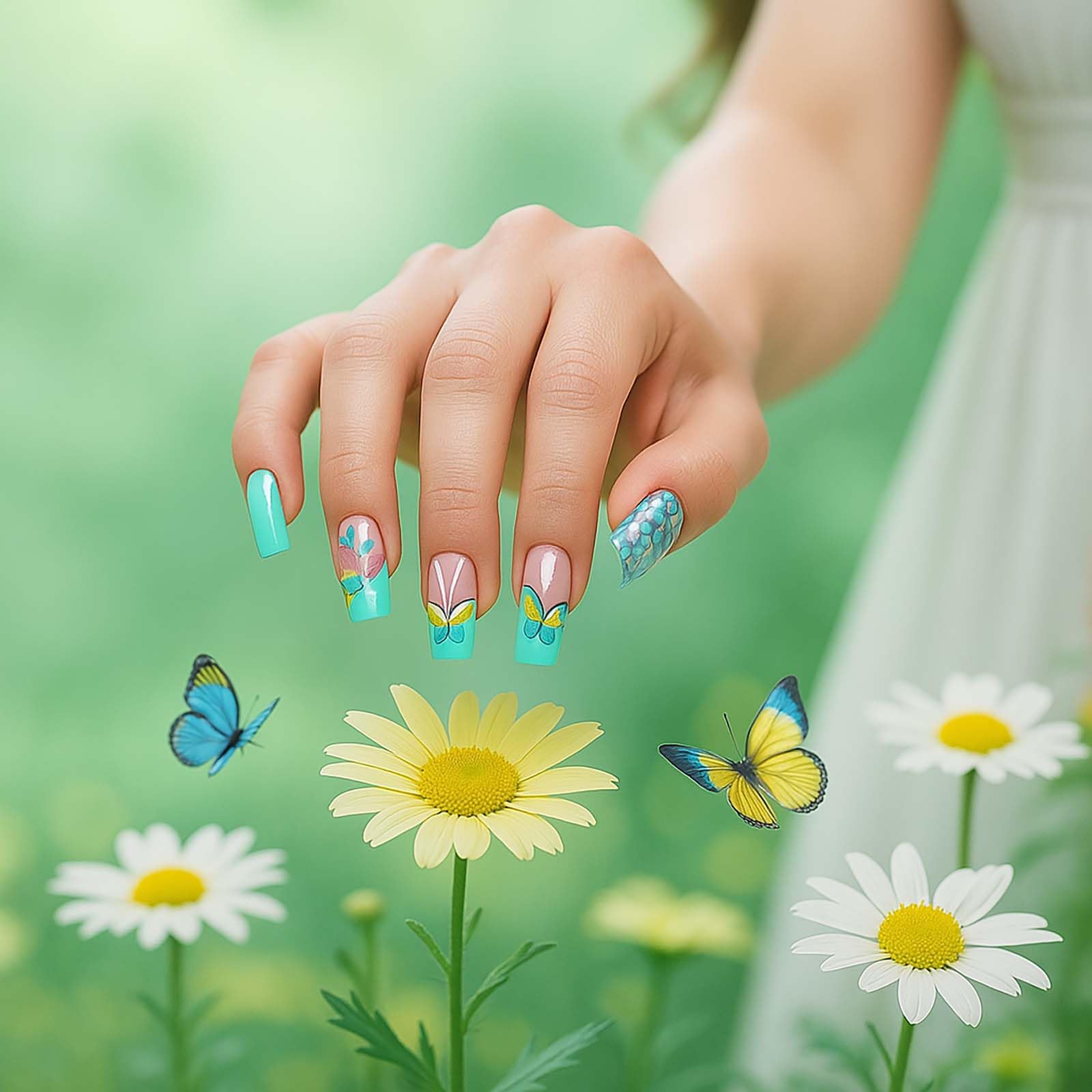 24Pcs Blue Butterfly Glitter Press on Nails with Square French Tip - Image 2