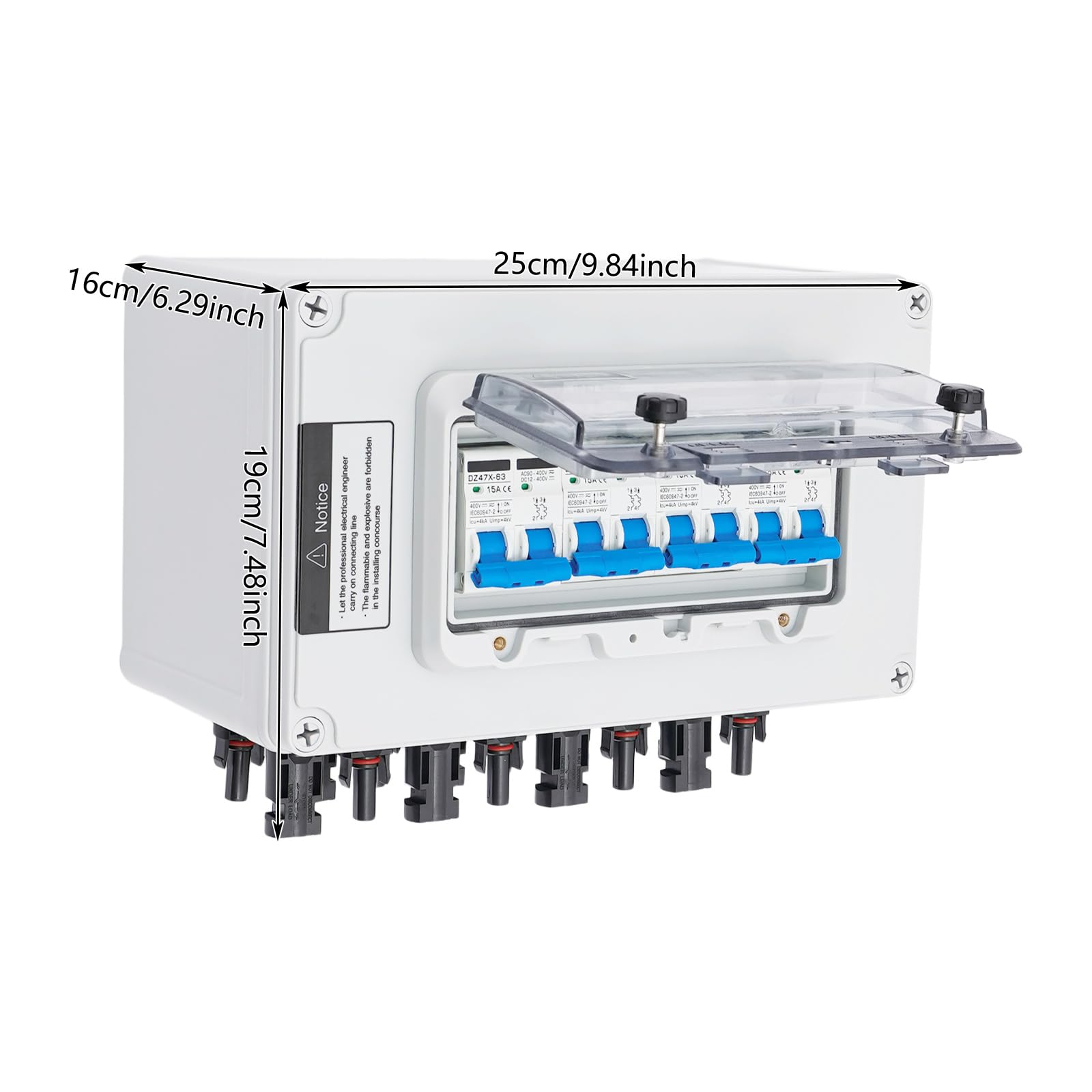 Solarna skrzynka przyłączeniowa DC 12-400 V, ochrona przed przepięciem, PV, montaż ścienny, 15 A, wyłącznik automatyczny, skrzynka kombi PV, 4 w 4, IP67, z okienkiem do solarnych kamperów