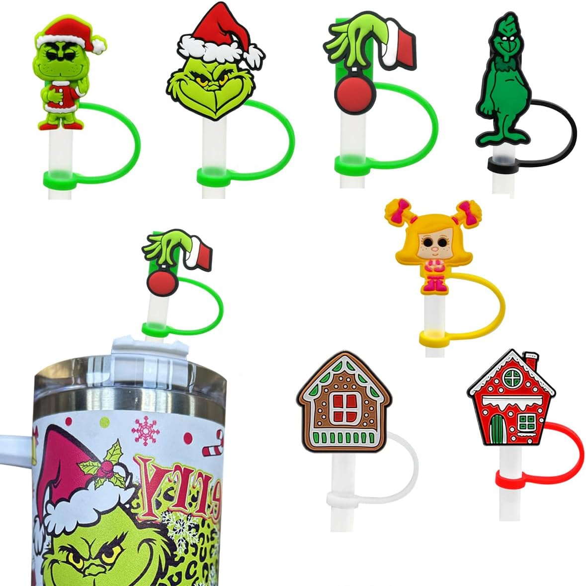 7PCS Christmas Straw Toppers for Stanley Cup - 2024 New Cute Green Cover Cap for 30&40 Oz Tumbler, Reusable 10mm Drinking Tip Covers, Accessories