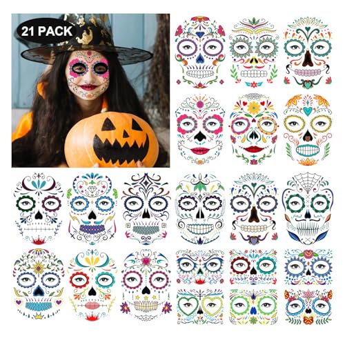 Partywind Day of the Dead Temporary Face Tattoos for Kids Adults Halloween Make Up Face Tattoo Stickers for Party Decorations Costume Accessories for Day of the Dead Halloween Party