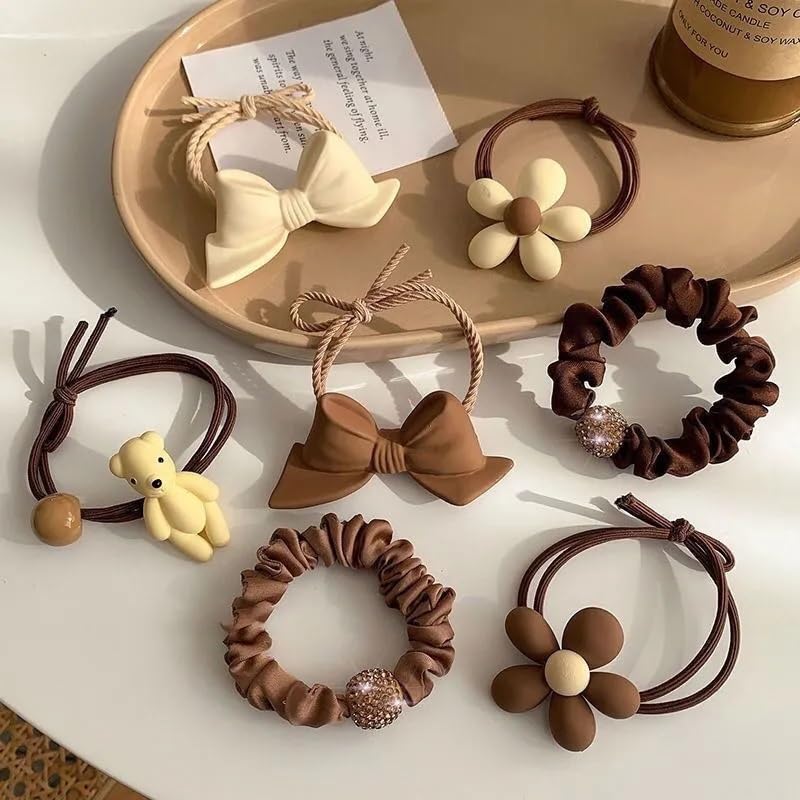 Pack Of 7 Pcs Fashion Brown Bowknot Flower style Hair band Elastic hair Bands Cute Ponytail Hair Accessories for Children, Girls and WOMEN (B0CYT7Z7DL) Amazon Price History, Amazon Price Tracker