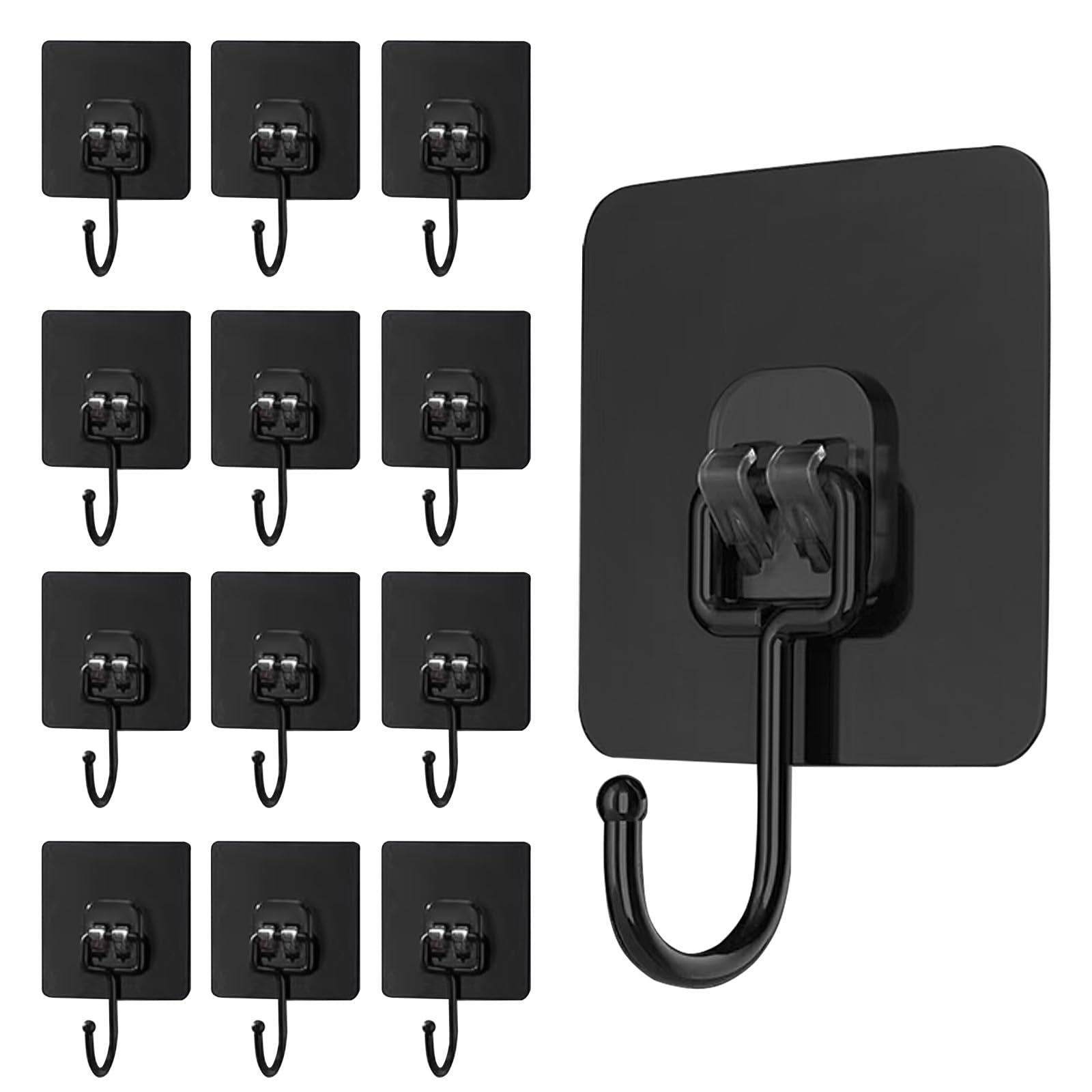 MOSTFUN 12 Pack Self Adhesive Hooks, Adhesive Hooks Heavy Duty 66 lb/ 30kg (Max) Waterproof Sticky Hooks Strong Black Stick on Wall Hooks Nail Free for Bathroom Kitchen Office Ceiling