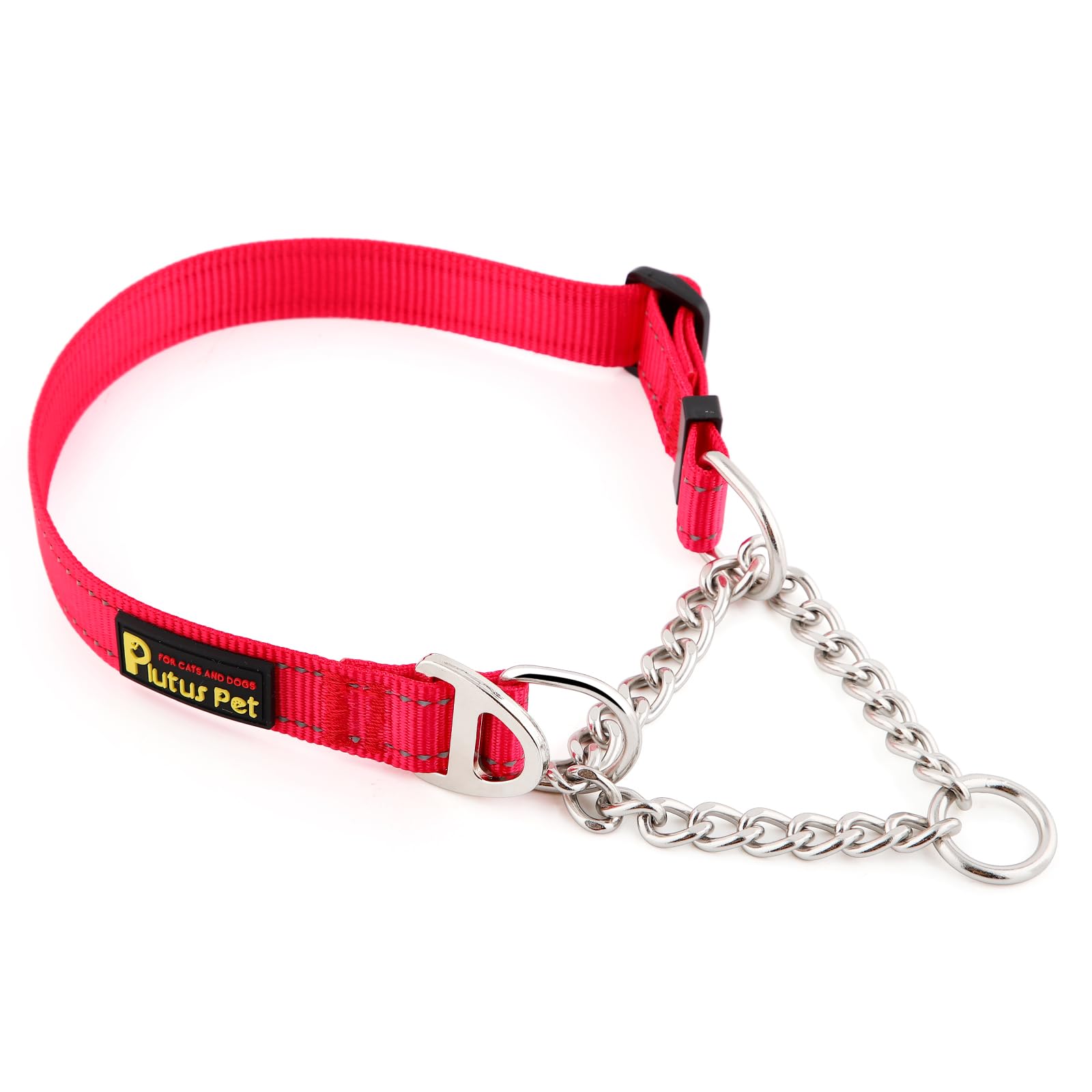 Plutus Pet Martingale Dog Collar with Stainless Steel Chain and Reflective Nylon, Adjustable No Pull Training Collar, for Small Medium, and Large Dogs, Red, L