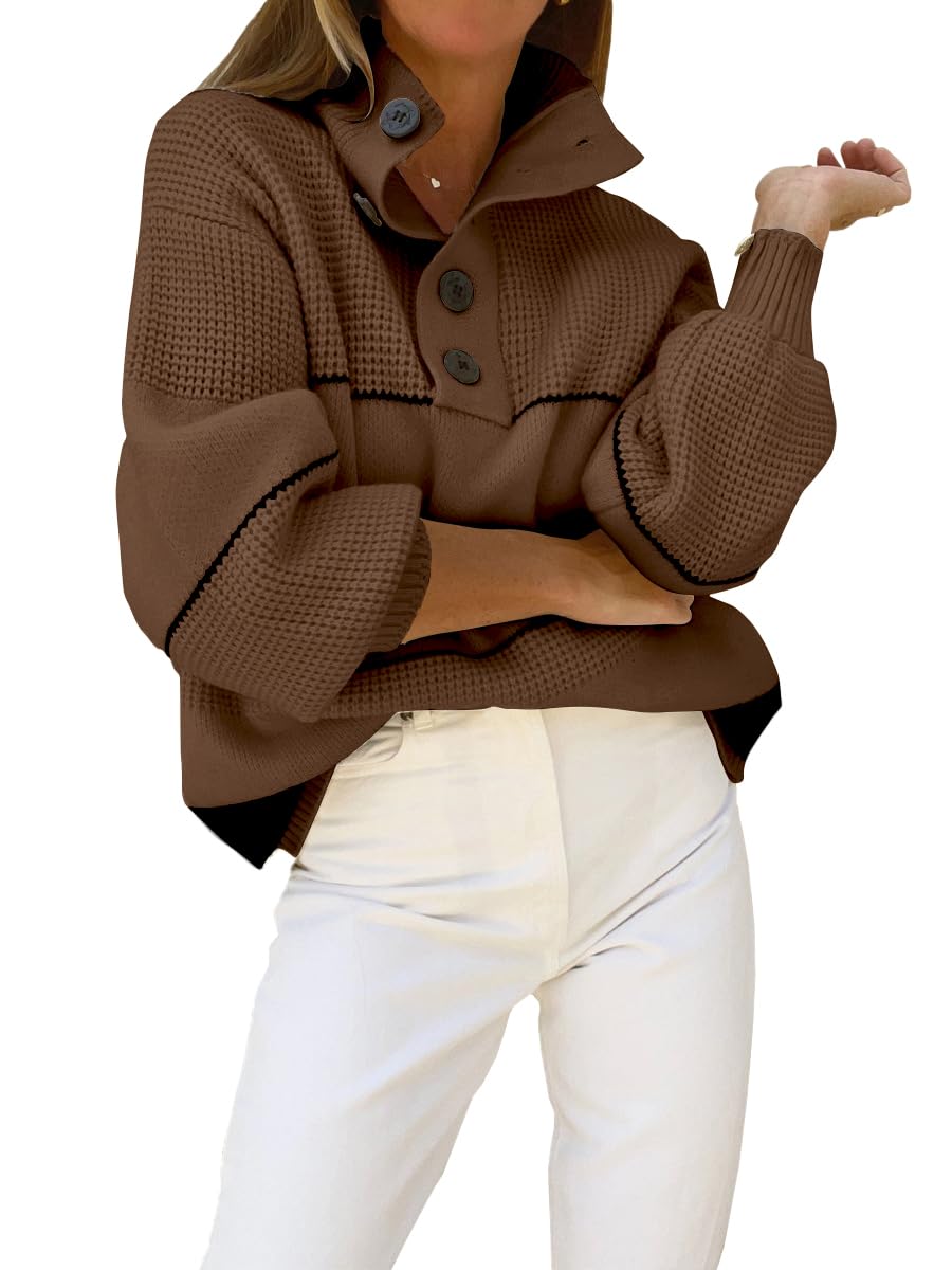 CHARTOU Womens Waffle Knit Knitwear Slouchy Striped Polo Collared Long Sleeve Pullover Sweater Tops
