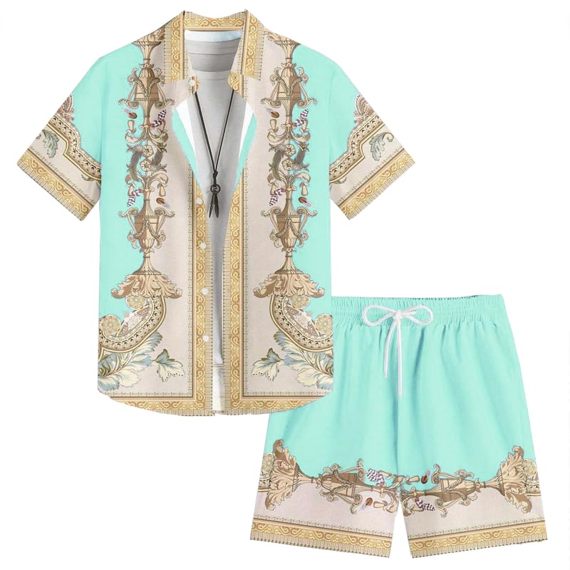 Men's Matching Shirt and Shorts Set Luxury Retro Hawaiian Shirt Sets Palace Embossed Flower Print Vacation Outfits