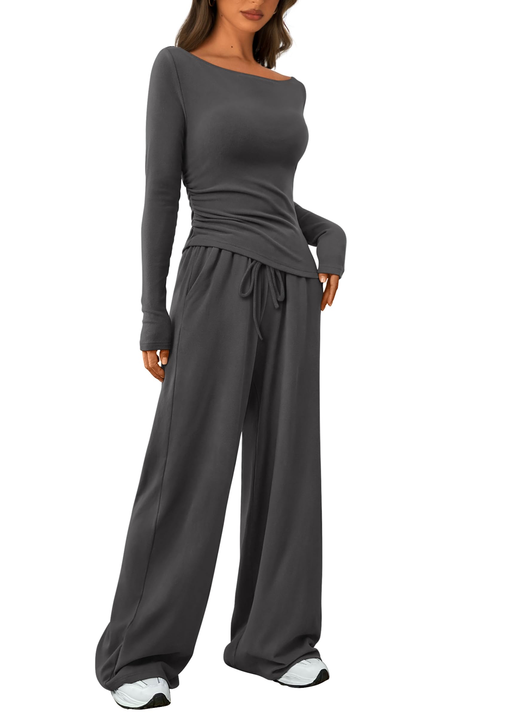 PRETTYGARDENWomen's 2 Piece Lounge Sets Asymmetrical Long Sleeve T Shirt Wide Leg Pants Casual Outfits Tracksuit