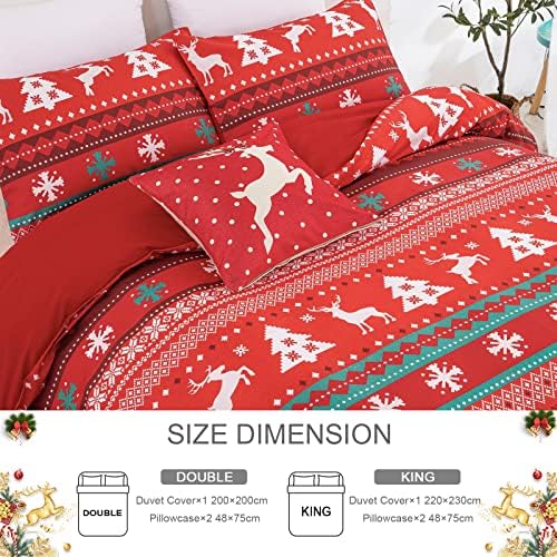 Christmas Duvet Cover Set King Reindeer Snowflakes Bedding Set Soft Microfiber Quilt Duvet Cover with 2 Pillowcases for Home Decoration (Red, 220x230cm)
