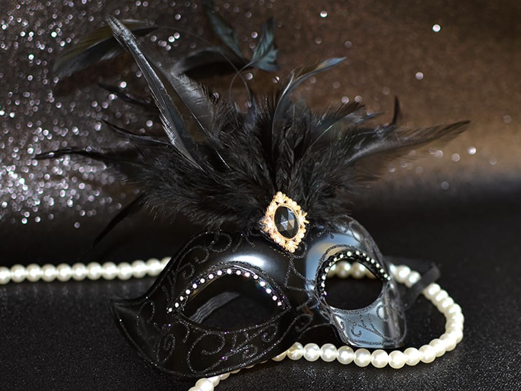 MYSEUNI 2025 Black Masquerade Masks for Women with Feathers- Womens Venetian Mask for Masquerade Ball Halloween - Image 4