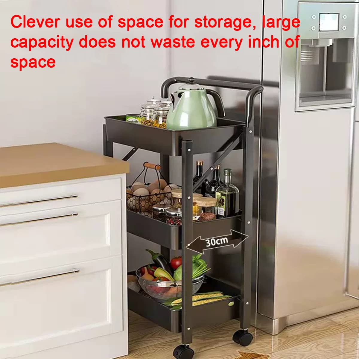 Genérico Carrito de Almacenamiento Plegable de 3 Niveles: Carrito rodante para Espacios reducidos, estantería móvil para Cocina, solución versátil de Almacenamiento en Blanco.
