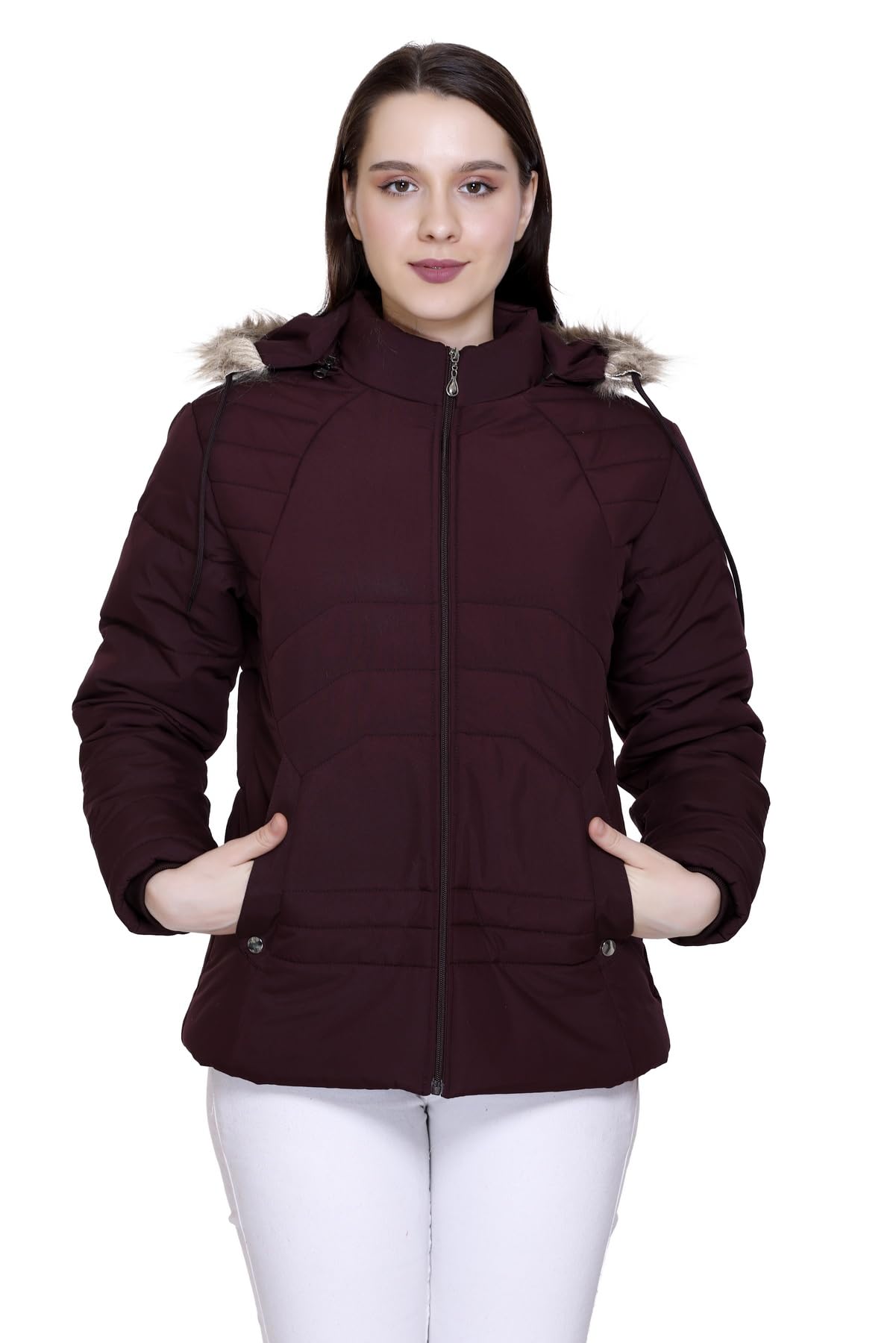 Winter Puffer Jacket with Faux Fur Hood, Quilted, Full Zip, Burgundy