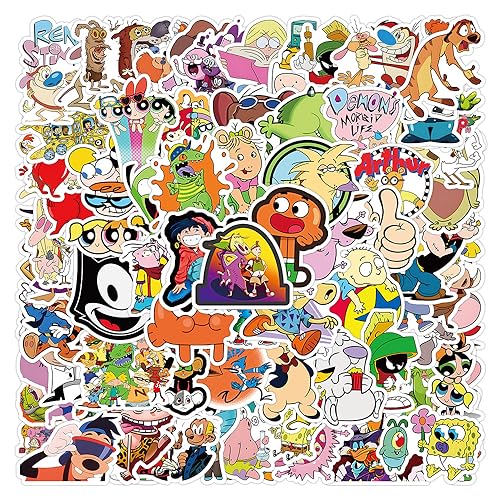100 Retro Cartoon Stickers 80s and 90s Waterproof Vinyl Stickers - Suitable for laptops Water Bottles Skateboards Bicycles suitcases - Retro Sticker Set for Party Supplies and Gifts