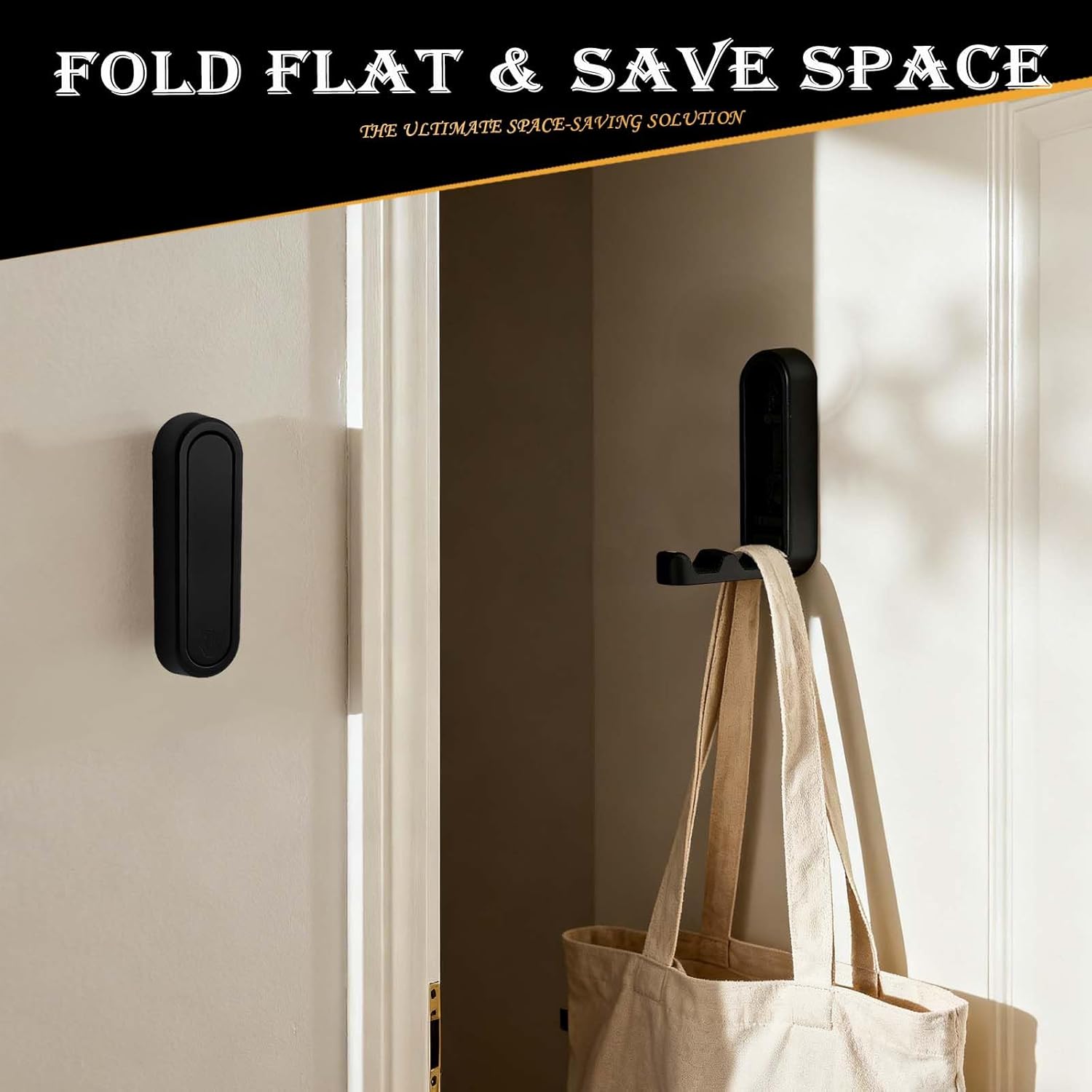 Heavy Duty Folding Wall Hooks 2 Pack, Black Foldable Coat Hooks for Bathroom, Closet, Entryway, Towel, Robe, Bag, Hat Hanging, Space Saving, Zinc Alloy, Easy Mount