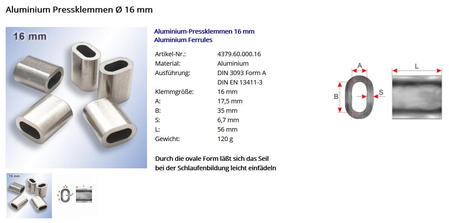 Pinces à sertir ovales en aluminium pour cordes de 1 mm à 20 mm - Conforme à la norme DIN EN 13411-3 (DIN 3093) - Manchons à sertir en aluminium - Pince à sertir pour câbles métalliques