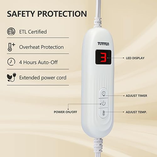 Miniatura 4 de Tuffen Manta térmica eléctrica, extremadamente suave y acogedora manta de franela Sherpa con un solo controlador, 10 niveles de calefacción y 4