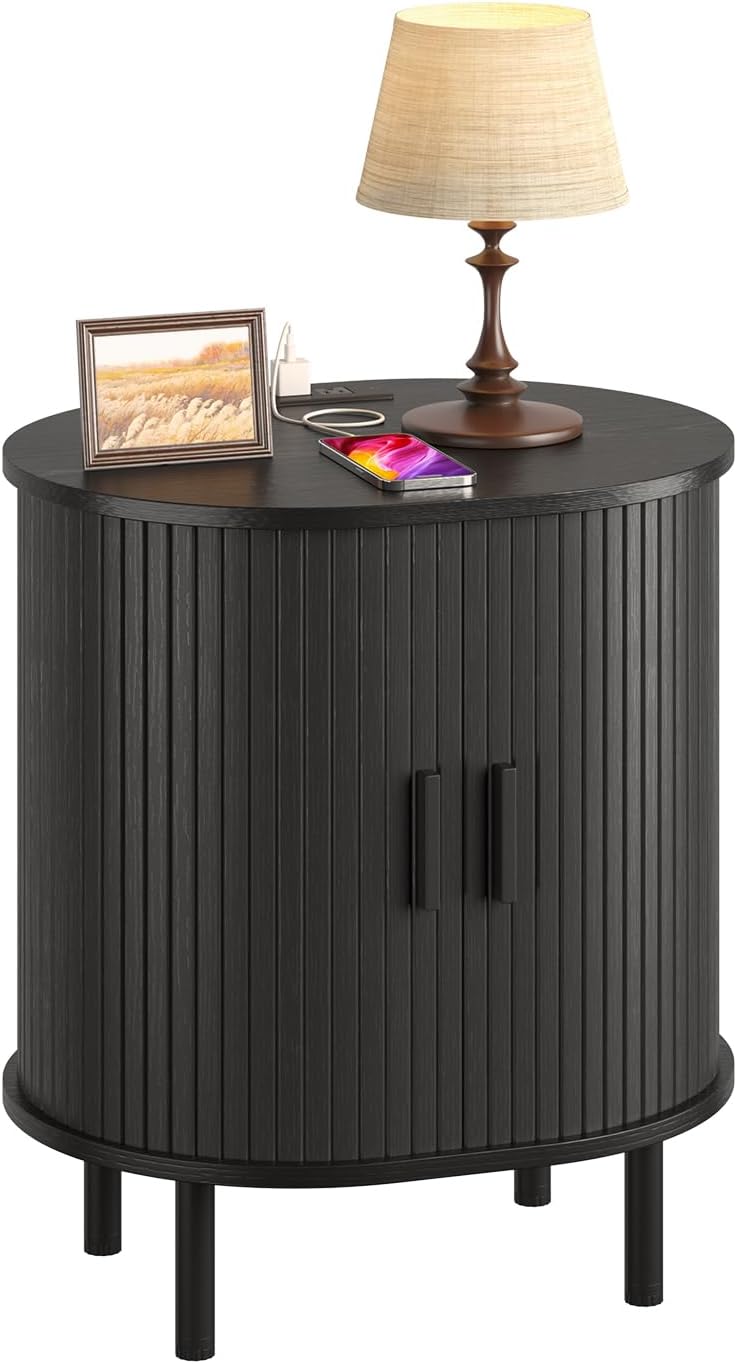 Oval Side Table with Charging Station, 3-Tier End Table with Storage, Fluted Nightstand with Sliding Door, Mid-Century Sofa Couch Tables, Small Bedside Table for Living Room, Bedroom, Black