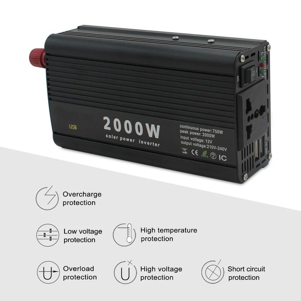 Inverter Convertitore Nero Rosso Argento Dual USB 2000W Portatile Inverter Caricabatterie Convertitore Adattatore DC 12V/24V A AC 220V 230V Presa Universale(12V 220V Red)