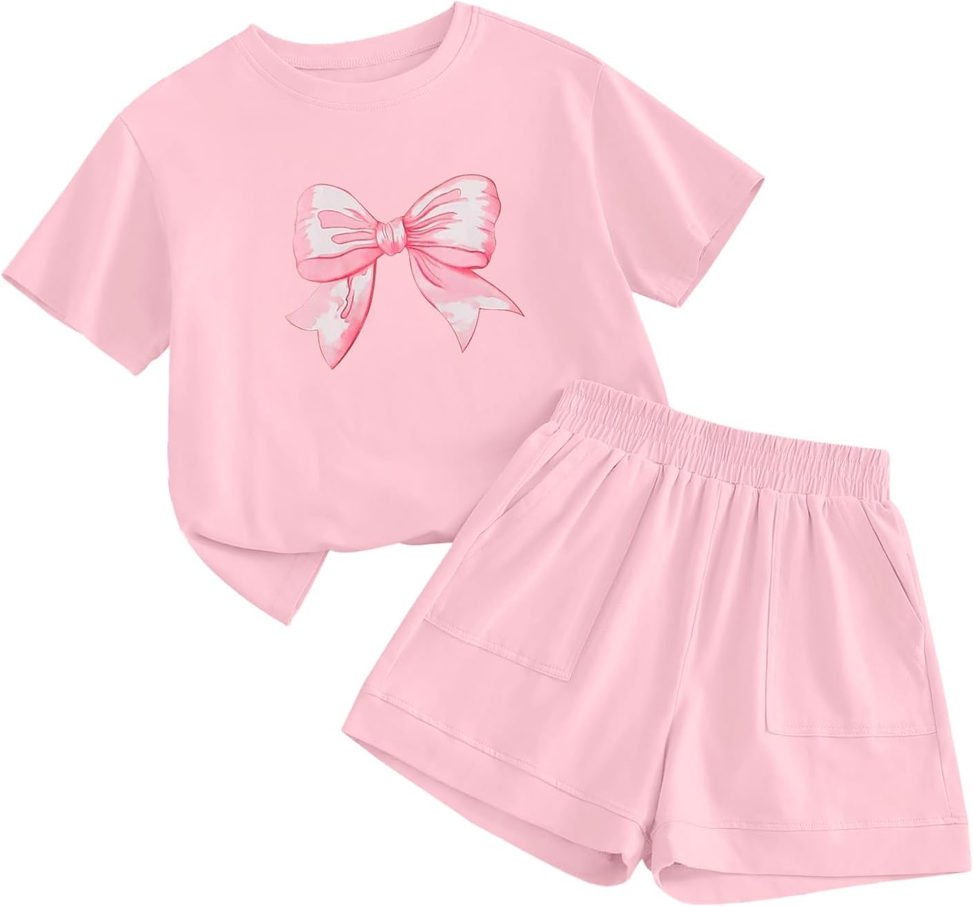 Girls 2 Piece Summer Outifts Graphic Short Sleeve Tops and Elastic Waist Shorts Set with Pocket