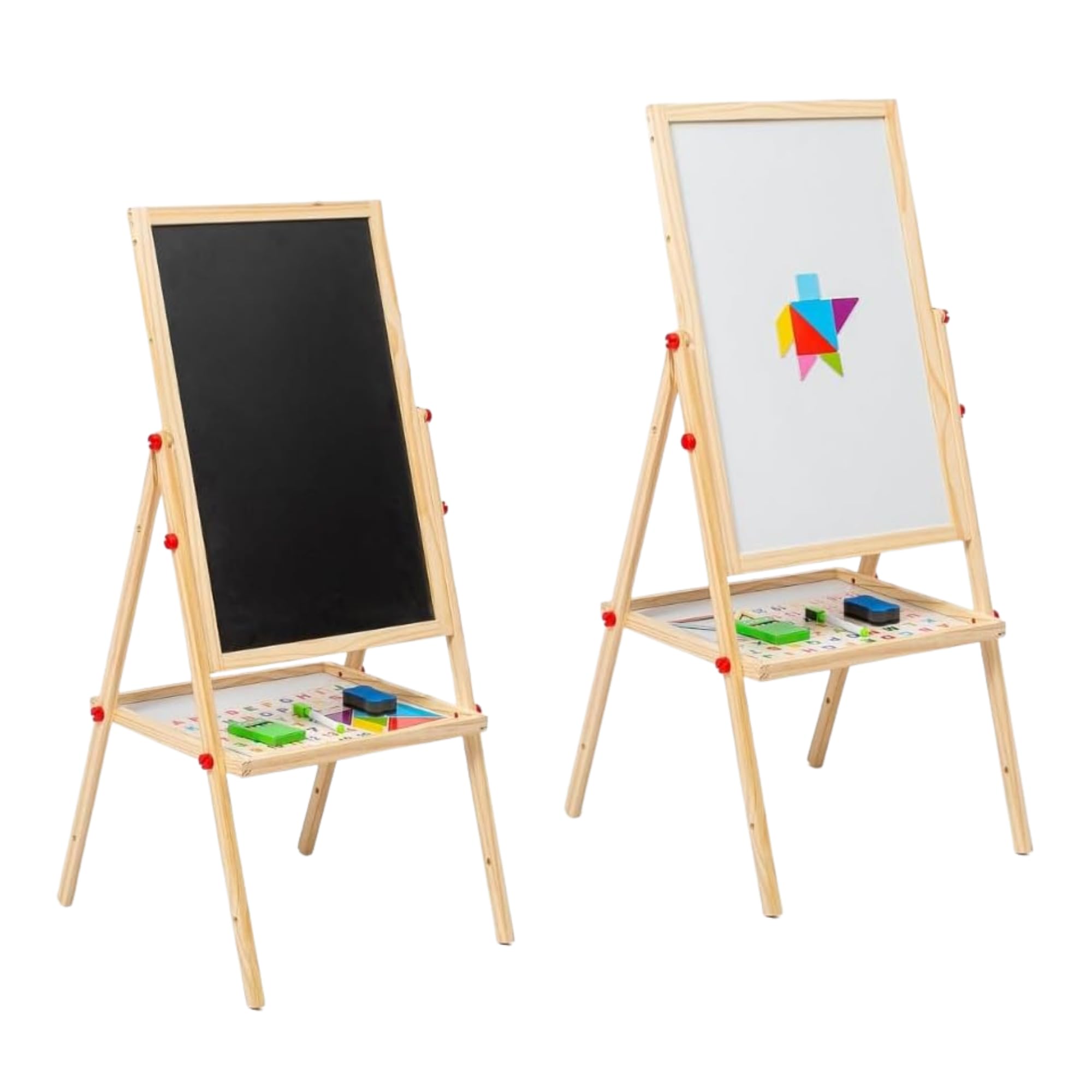 2 in 1 Double Sided White Board and Chalk Boards for Children Adjustable Height Wooden Easel with Accessories - 32 x 36 x 100 cm