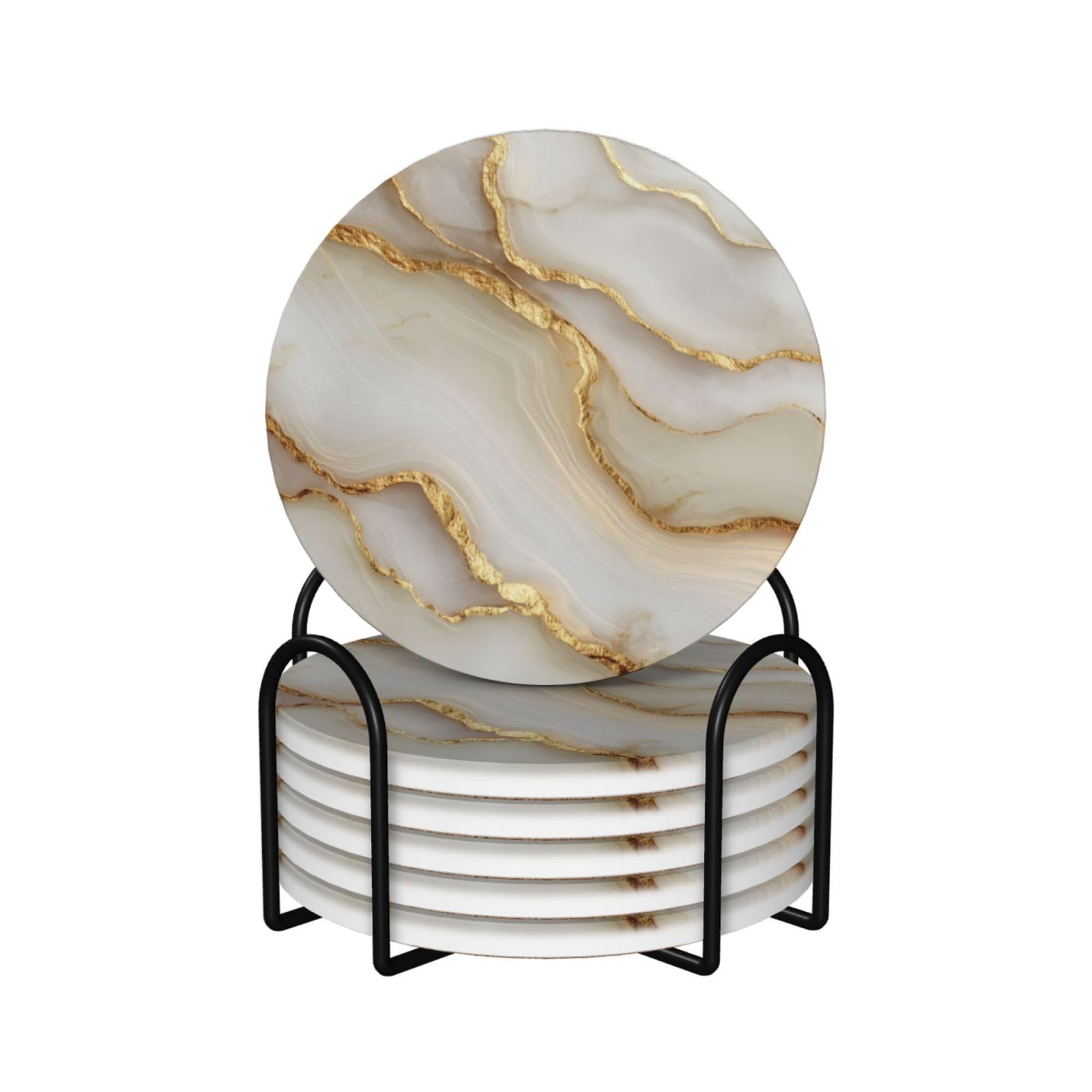 Luxurious Creamy White Marble Ceramic Coasters with Holder 6ps