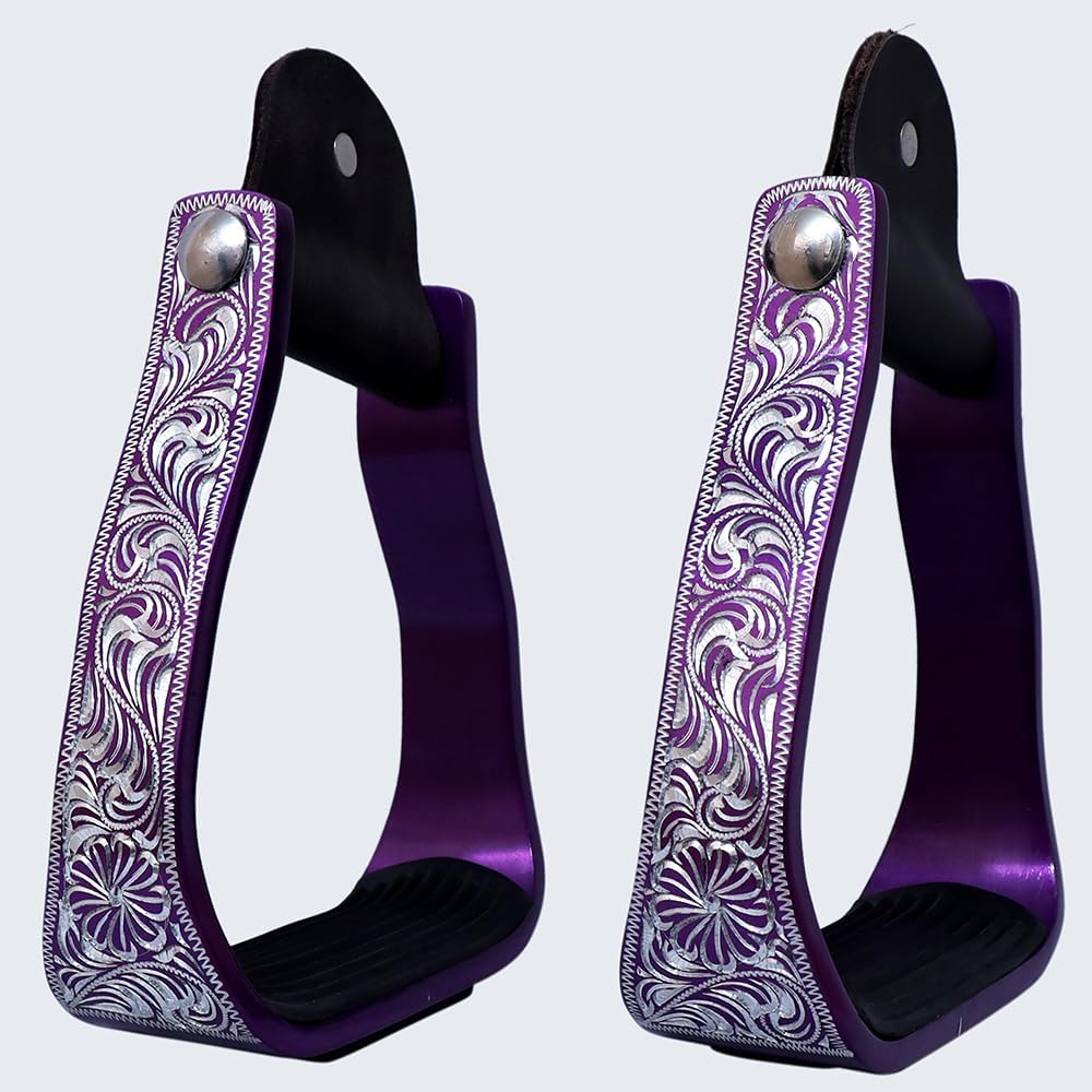 HILASON Engraved Western Angled Show Stirrups Barrel Racing Slanted Stirrups Wide Rubber Grip