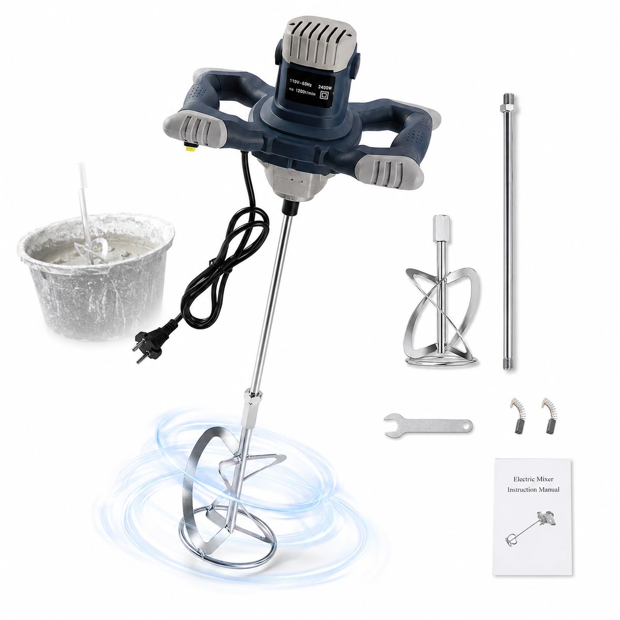Mezclador de hormigón profesional de 2400 W, batidora de mortero seco, 6 velocidades, 1200 rpm, batidora de mano