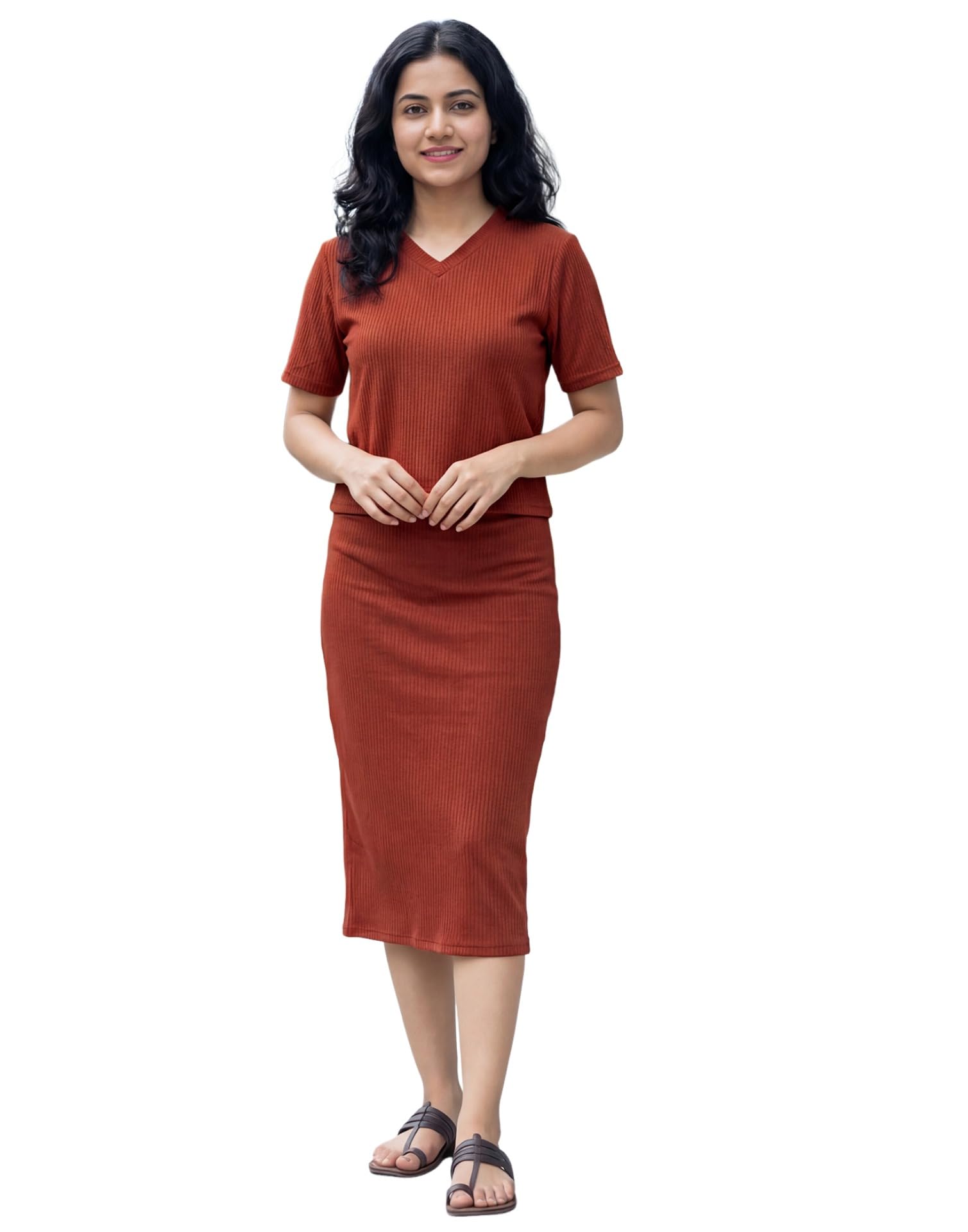 Women’s Rust Co-ord Set, Short Sleeve Top with Midi Skirt, Casual & Office Two Piece Outfit-image-17