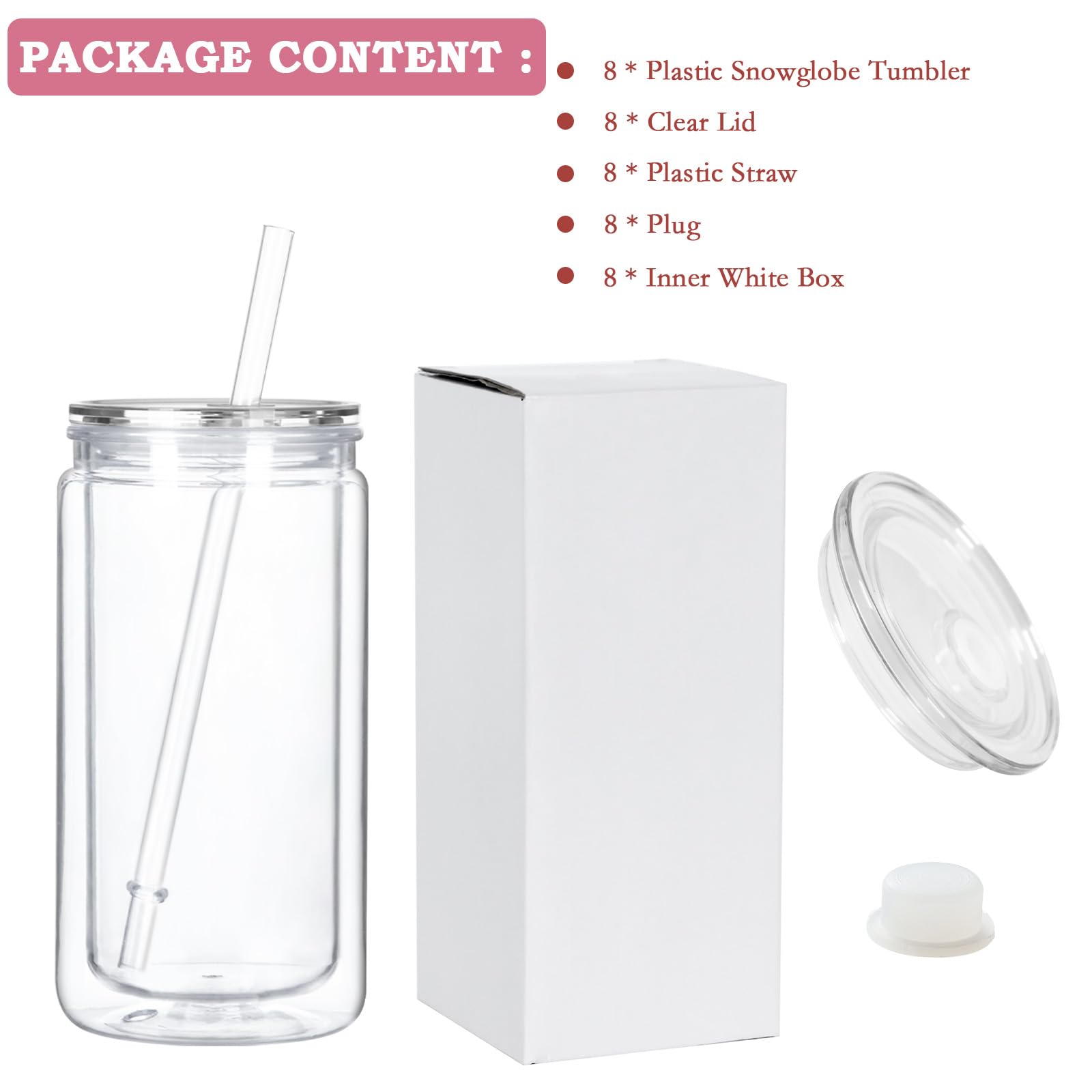 Cosictic 8 Stück Mehrweg Kunststoff-Schneekugelbecher mit vorgebohrtem Loch. 473ml Unzen Doppelwandiger Kunststoff-Tumbler mit klarem Deckel und Trinkhalm.