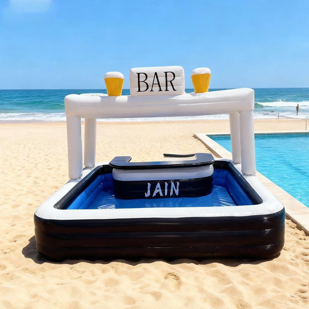 Jain PVC Inflatable Pool Bar - Outdoor Waterproof Party Bar with Illuminated BAR Sign, Perfect for Backyard Water Parties and Poolside Entertainment.