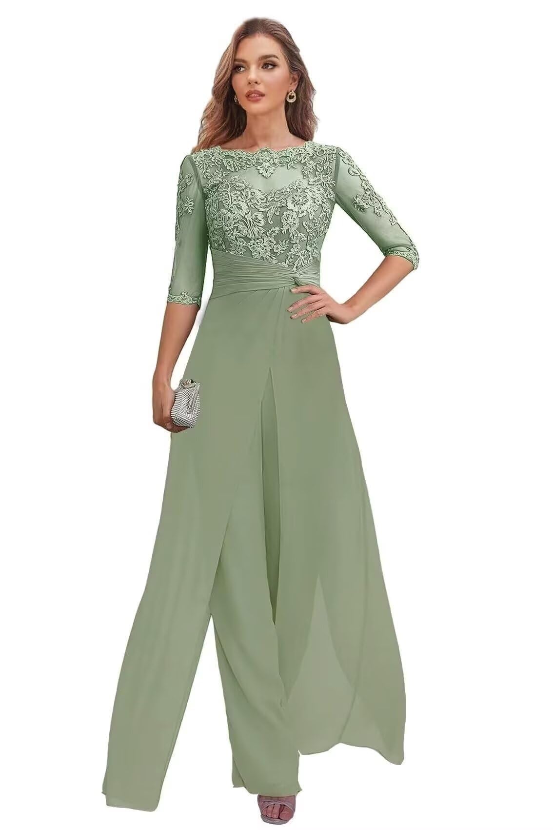 Hosenanzug Damen Elegant 3/4 Ärmeln 2 Teiler Festlich Chiffon Spitzenapplikation Hochzeitsgast Brautmutter Hosen Set