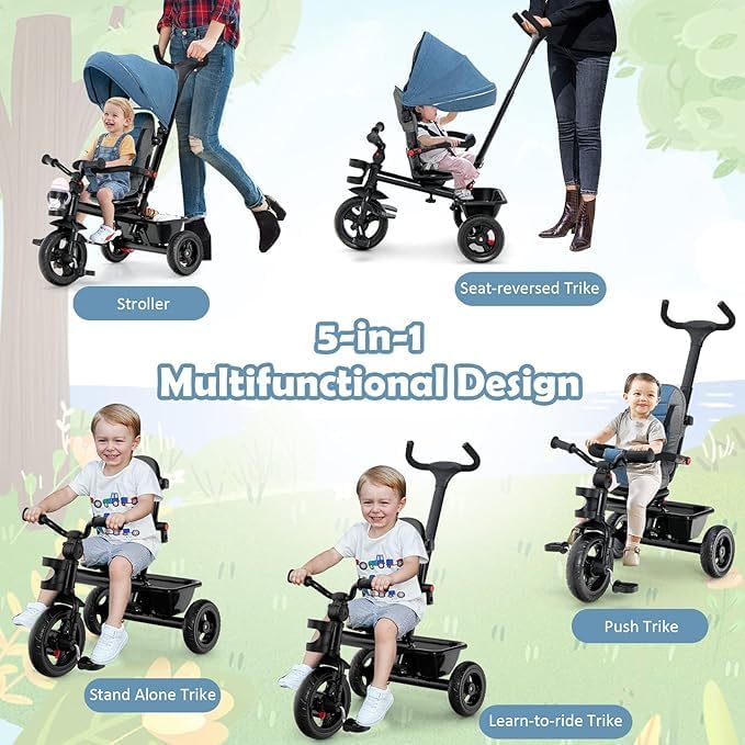 Nightcore 5 in 1 Children's Tricycle, Toddler Bike with Adjustable Push Handle & Harness, Removable Top Cover, Cup Holder & Storage Basket, Suitable for Children 1.5 to 5 Years Old