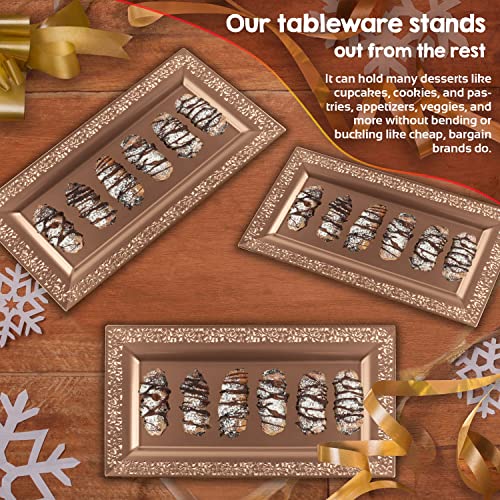 4 (Pk) Yumchikel 14" X 7.5" Rose Gold Lace Rim Plastic Serving Trays & Platters | Heavy Duty Disposable Decorative Dessert Tray - Party Platters For Upscale Parties Weddings Brand: Yumchikel #TOP6
