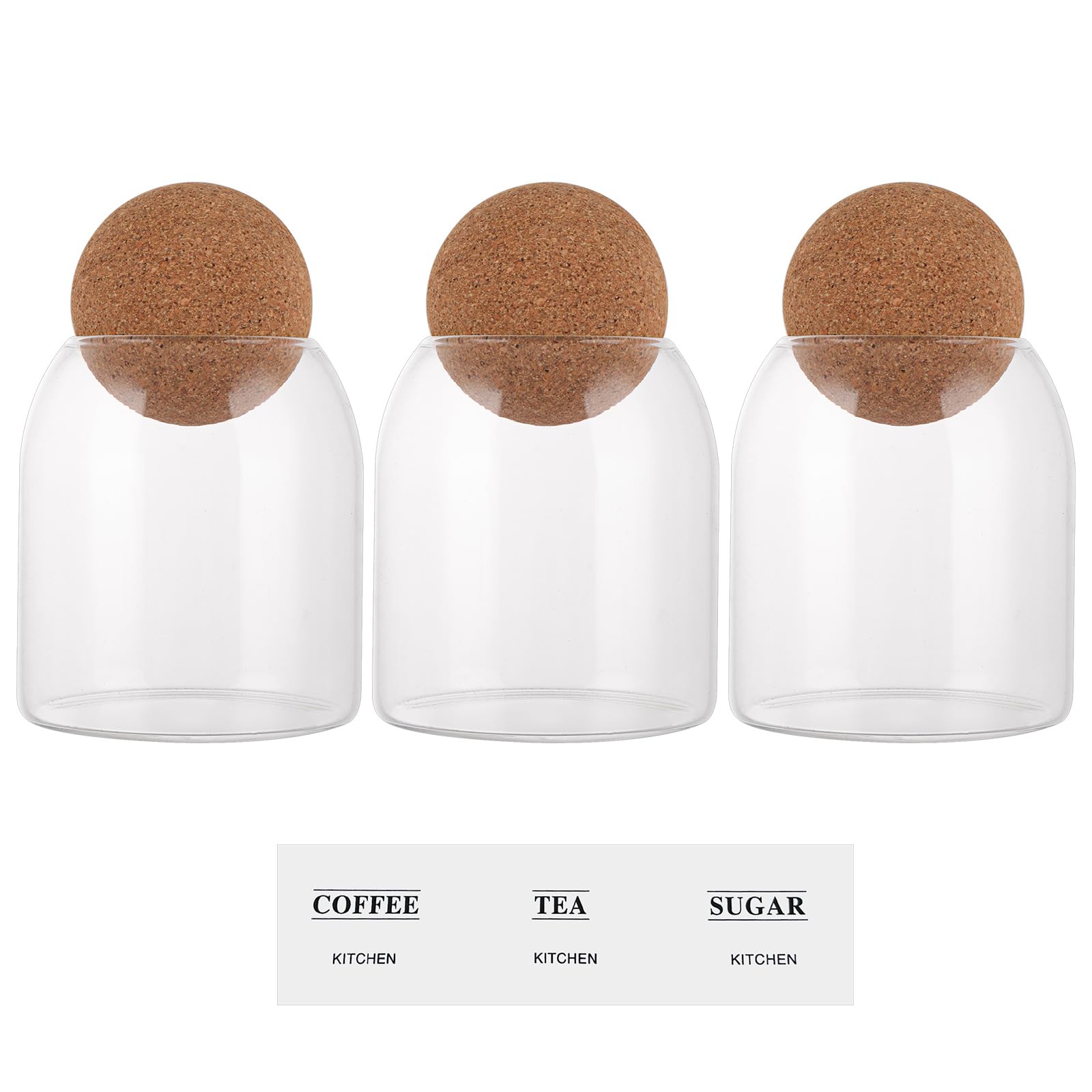 ASelected 3 Pcs Glass Storage Jar With Ball Cork Lid 500ML Tea Coffee And Sugar Canisters With Sticker For Spices, Sugar, Coffee, Biscuits, Candies
