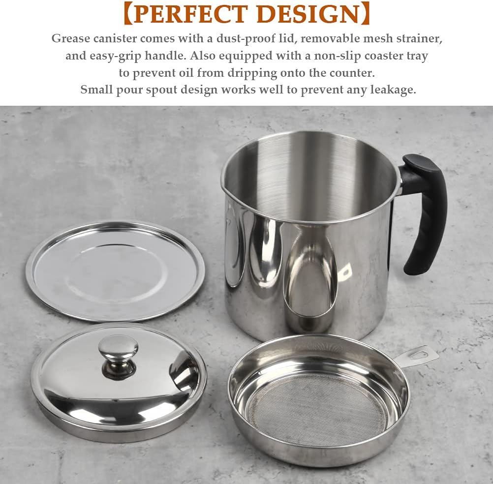 OFNMY Bacon Grease Container with Fine Mesh Strainer - 1.3L/5.2 Cups Stainless Steel Oil Storage Pot Grease Can with Removable Dustproof Lid and Coaster Tray - Oil Pot for Storing Fat, Frying Oil