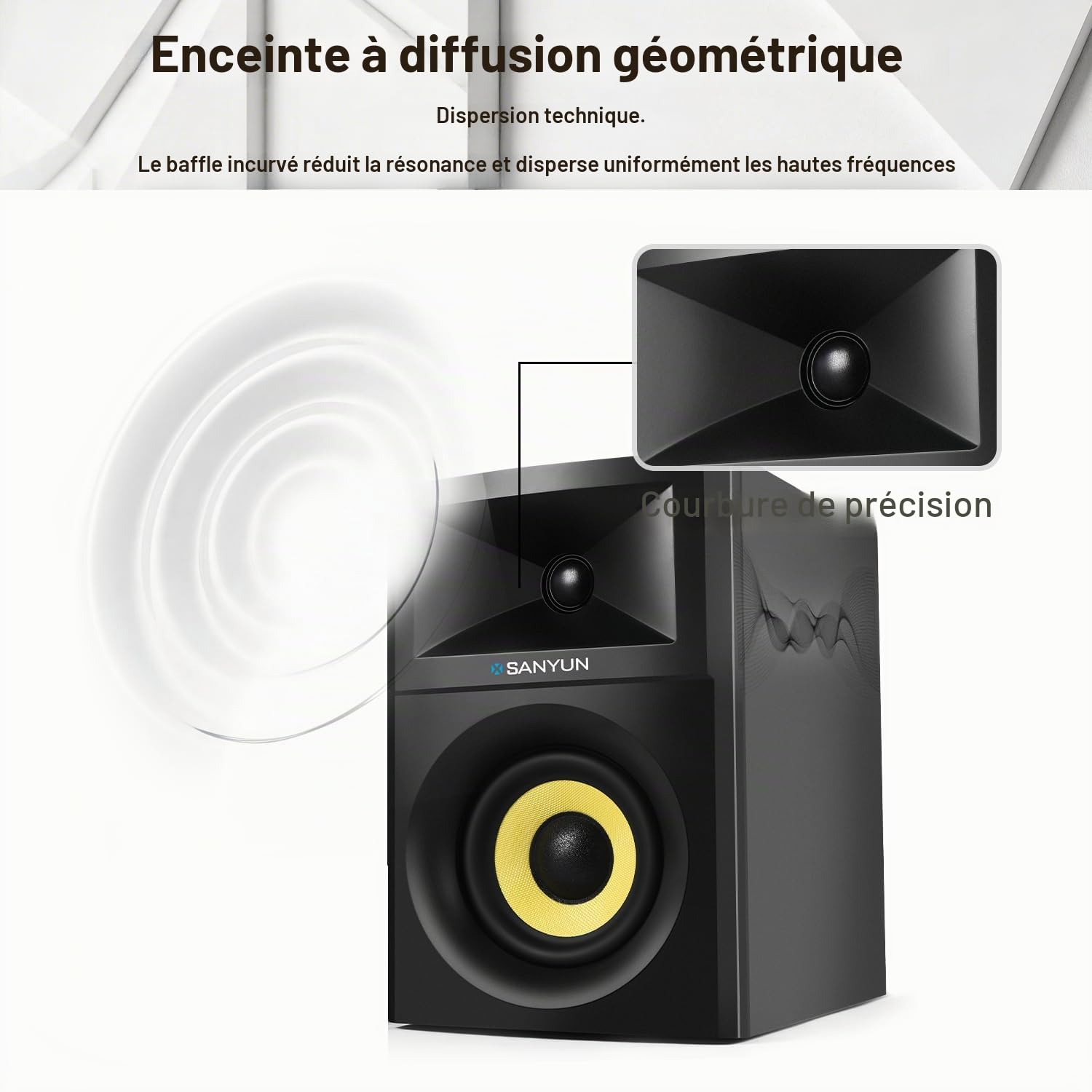 Sanyun SW205 Enceintes Bibliothèque 2.0 4”, Scène Sonore Élargie, Dual-DSP | DAC 24 bits Intégré, Bluetooth 5.4/Optique/AUX, Woofer Fibre de Verre 80W 10cm, Tweeter Soie, Télécommande RF (Paire, Noir)
