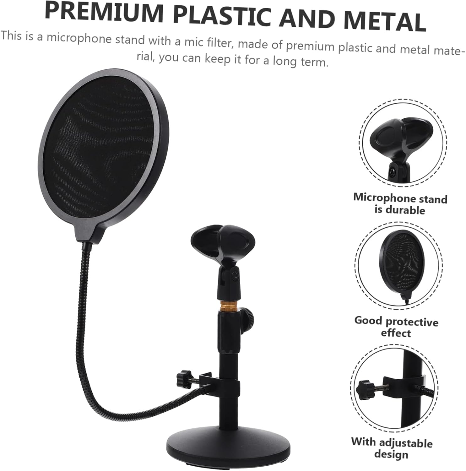 Sturdy Metal Round Base Tabletop Mic Stand Pop Filter Windscreen for Live Broadcast
