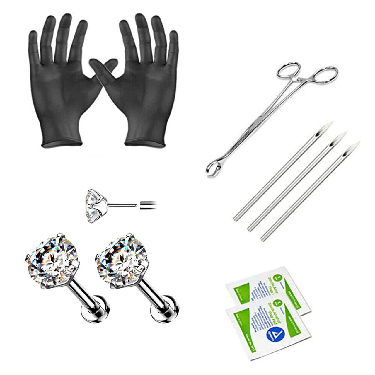 10PCS Piercing Kit Titanium 18G Piercing Needles Jewelry Threadless Flat Back Piercing Nose Studs Earring Helix Cartilage Labret Monroe Body Piercing Tools Kit Alcohol Pads, Gloves, Forcep Slotted