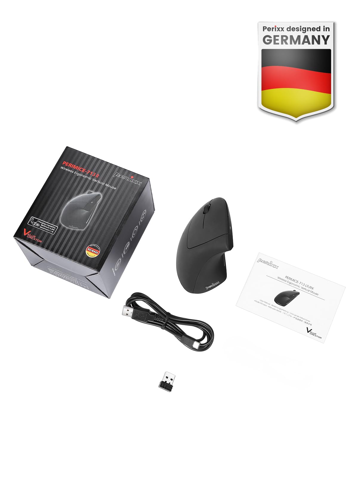 Perixx PERIMICE-713LR - Mouse verticale senza fili ricaricabile per mancini - Doppia funzione di ricarica (cavo e wireless) - 6 pulsanti - Design per mancini