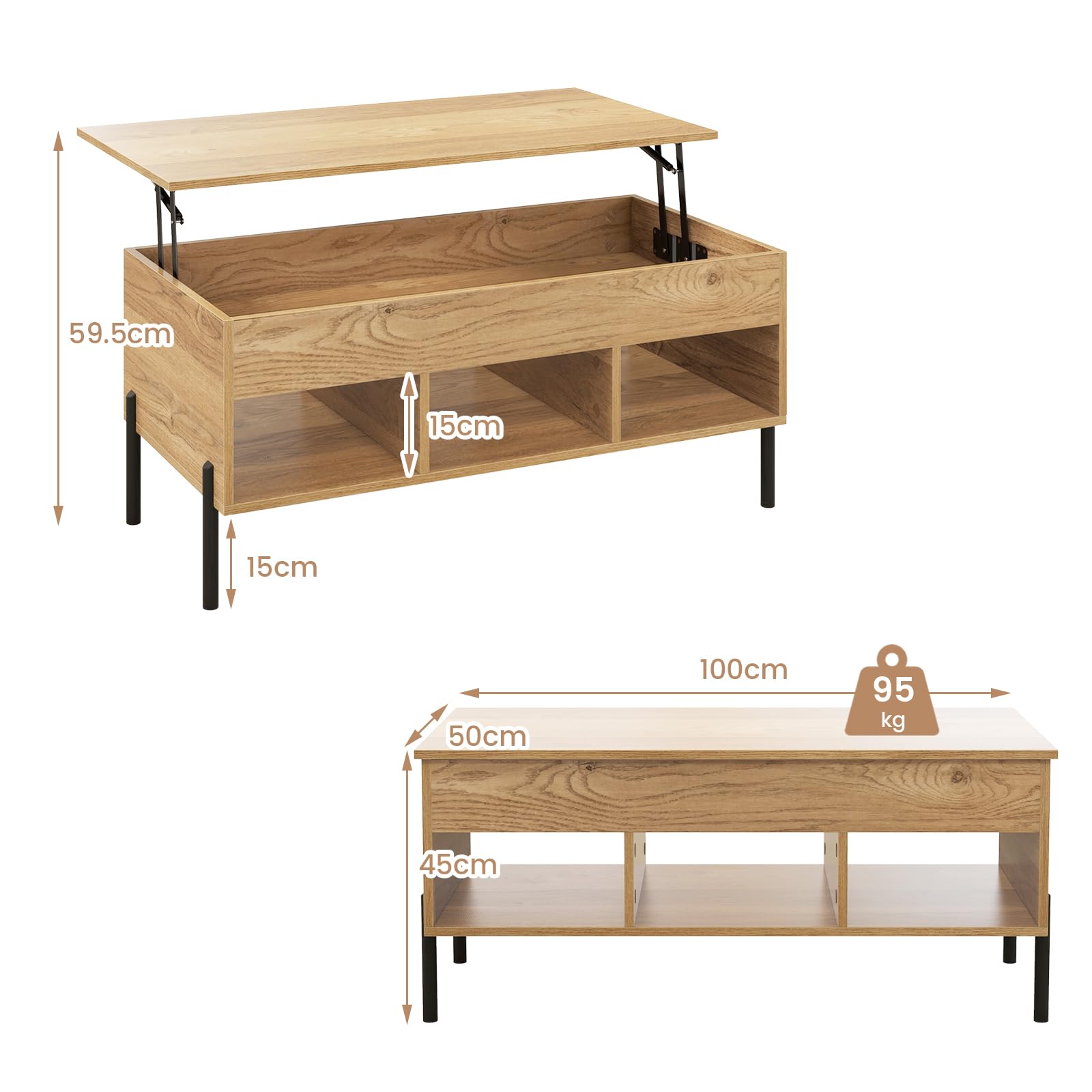 LIFEZEAL Mesa de Centro con Tablero elevable y 3 Compartimentos, Espacio de Almacenamiento Oculto, Moderna Mesa de café de Madera con 4 Patas robustas, 100x50x59,5cm