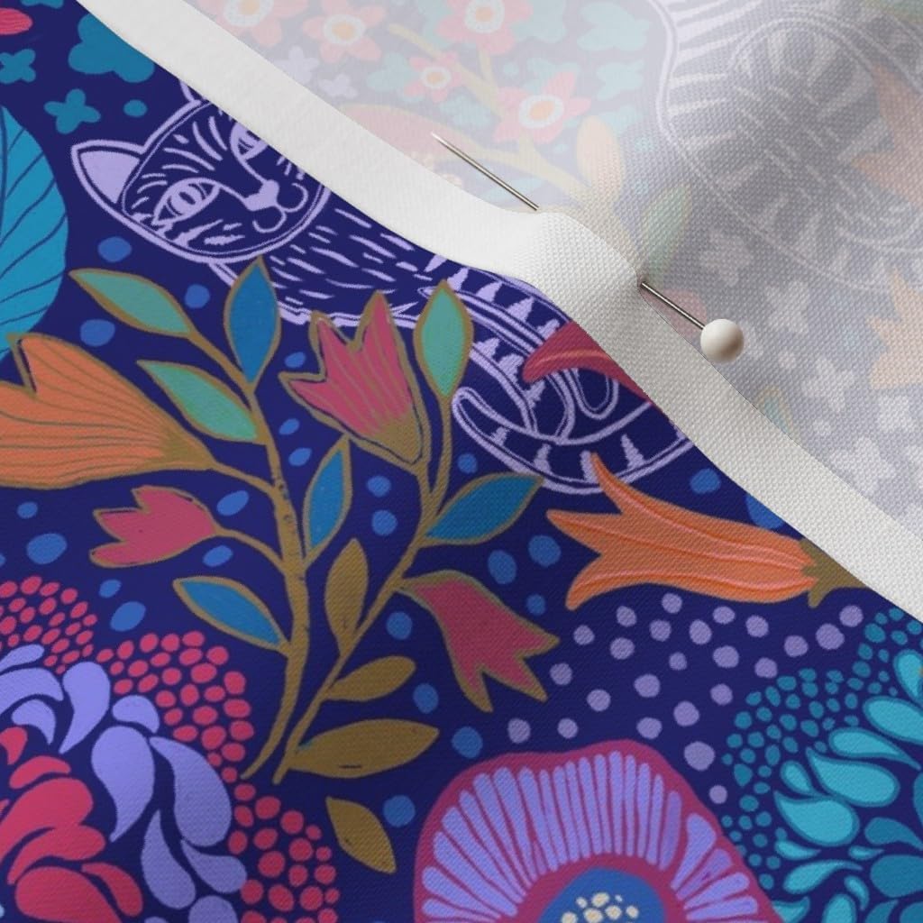 Spoonflower Fabric - Flowers Blue Garden Cats Folk 500Th Printed on Petal Signature Cotton Fabric by The Yard - Sewing Quilting Apparel Crafts Decor