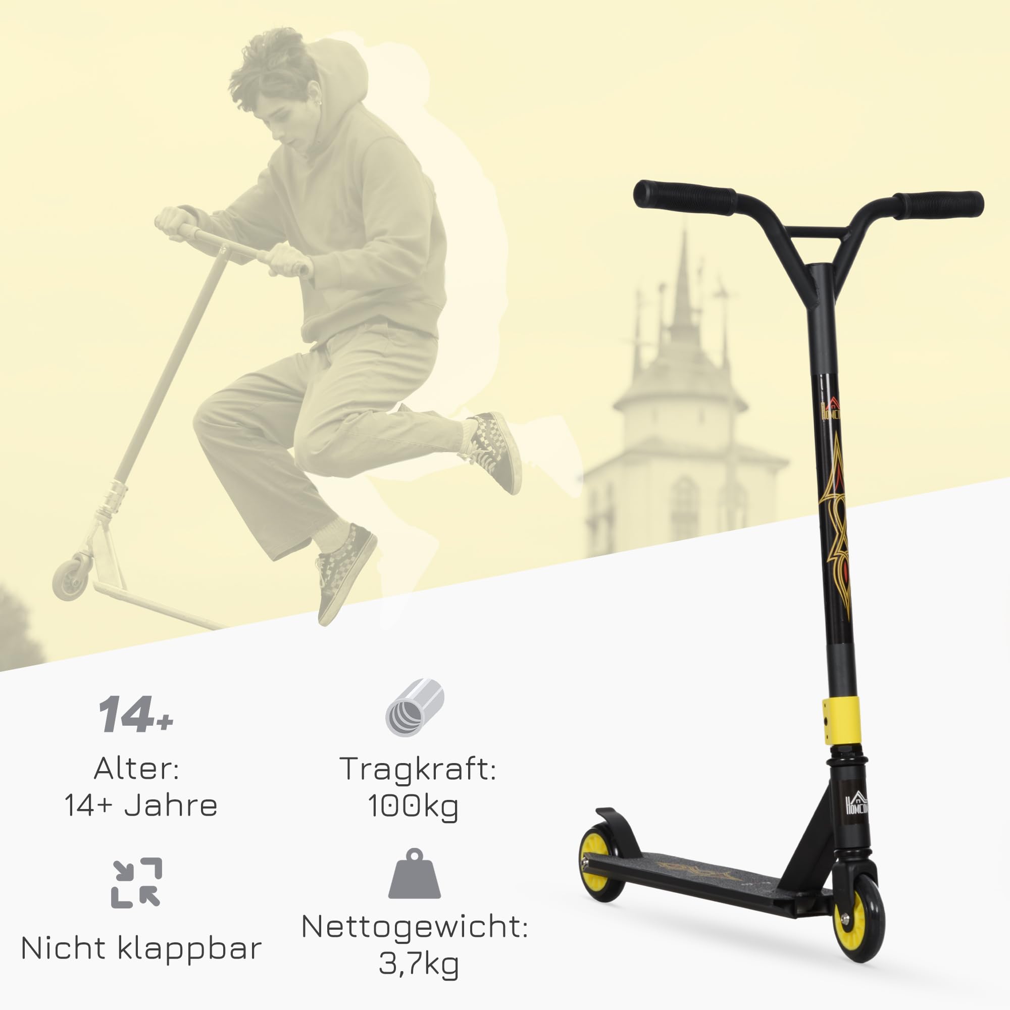 HOMCOM Hulajnoga wyczynowa, zabawna hulajnoga wyczynowa z łożyskami kulkowymi ABEC 9, z kołami ze sztucznej skóry 100 mm, hulajnoga miejska, dla dzieci od 14 lat