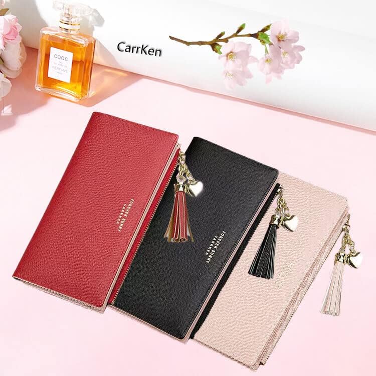 Miniatura 2 de Cartera larga para mujer con borla - Funda plegable de piel sintética delgada para tarjetas de crédito con bolsillo con cremallera, Rosado, Cartera