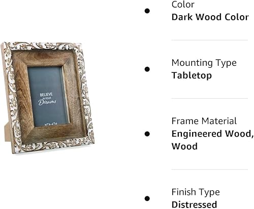 Miniatura 6 de NIKKY HOME Hand Carved Floral Picture Frame 4x6 Boho Style Mango Wood Design with White Distressed Finish, Dark Wood Color