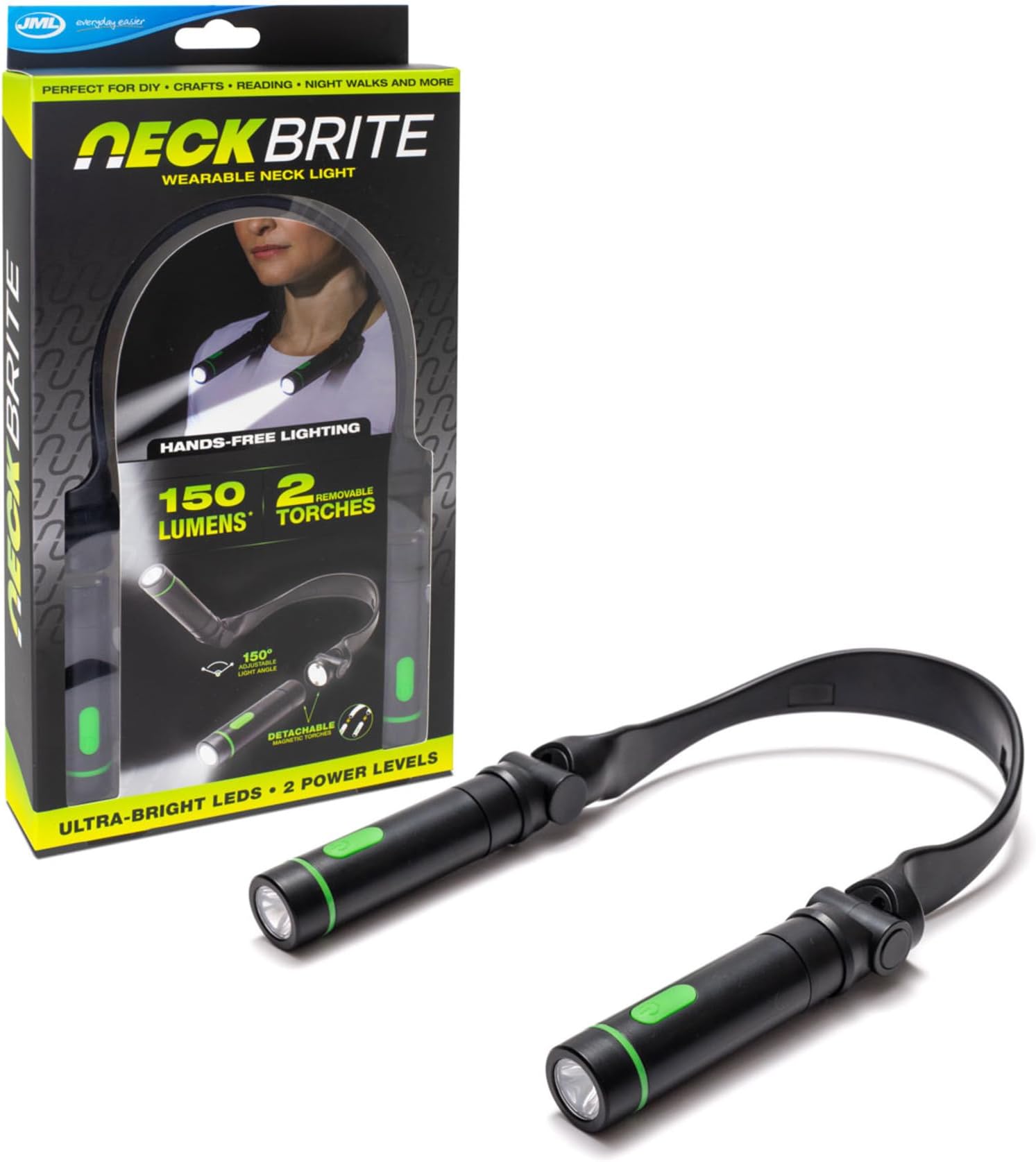 JML Neck Light Torch - Wearable Craft, Work or Reading Light, Magnetic Torches LED Super Bright with Adjustable 150-Degree Angle, Comfortable Neck Strap and Water Resistant Design - Neck Brite