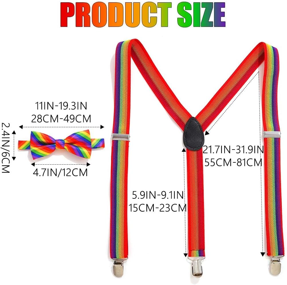 Zoestar Rainbow Suspenders Bow Tie Set Pride Suspender and Bowties Colorful Costume Accessories for Men and Women