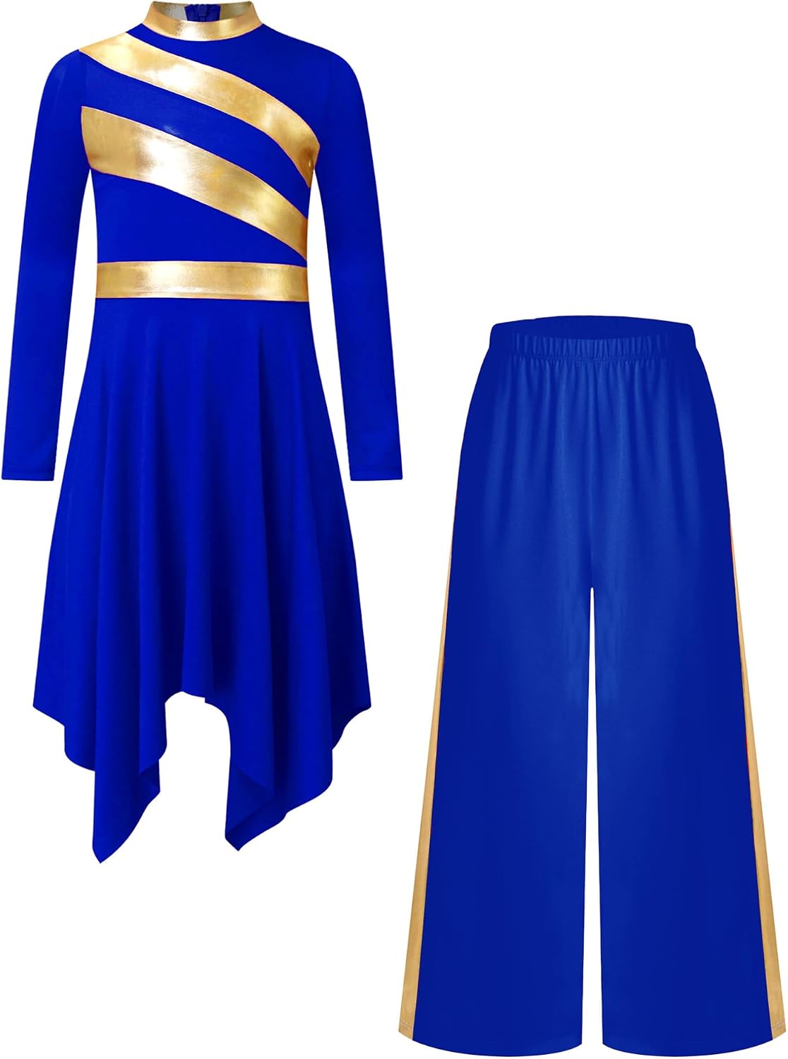 Freebily Girls Liturgical Praise Dance Dress Worship Asymmetric Tunic with Palazzo Pants Metallic Gold Outfit
