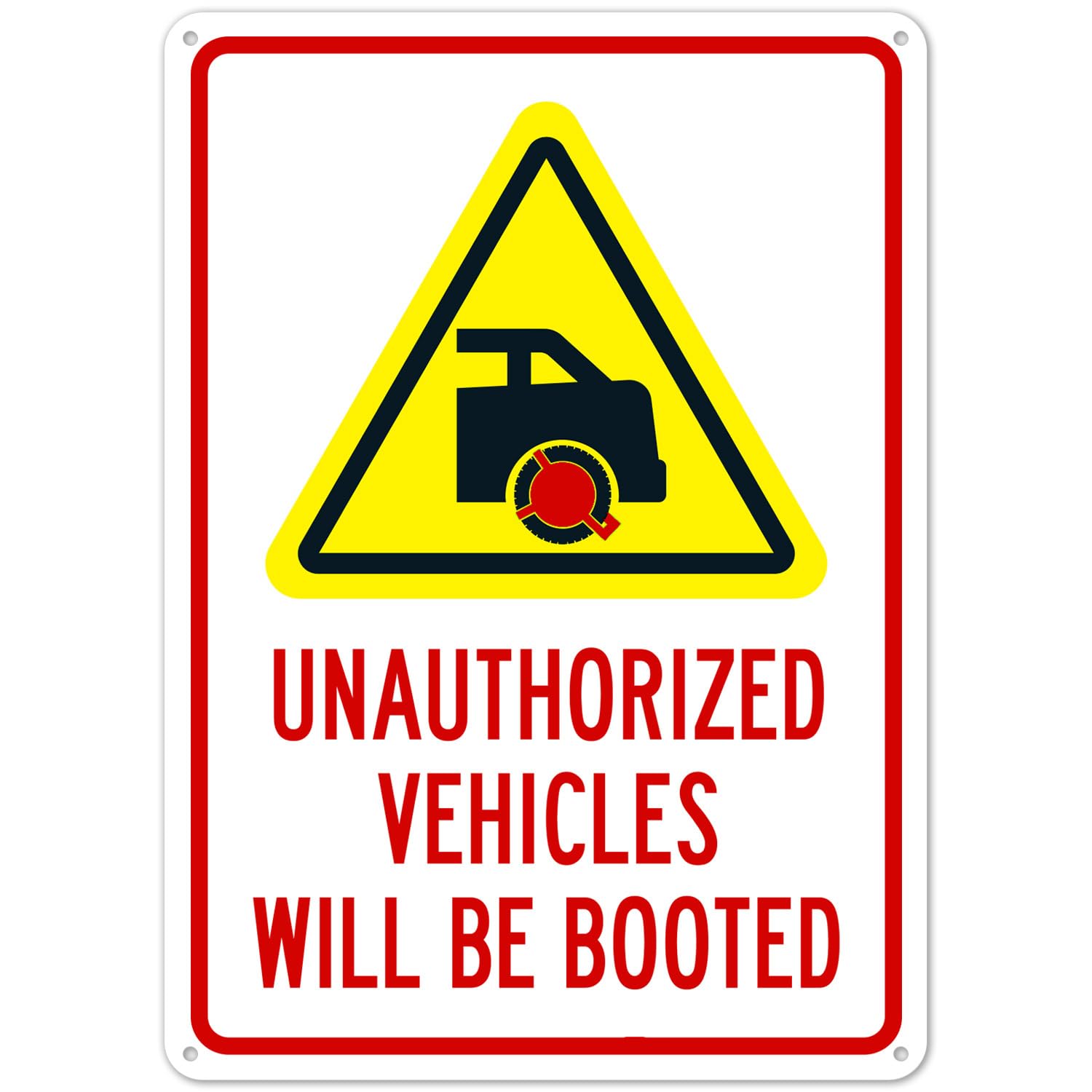 Unauthorized Vehicles Will Be Booted Sign, Parking Rule Warning Plaque with Symbol, Metal Tin, 12 x 8 Inch